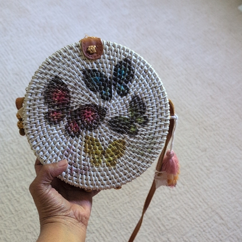Handcrafted Woven Round Bag with Butterfly Design